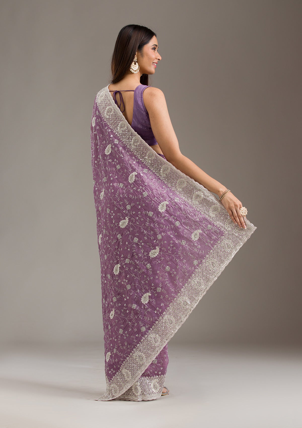 Purple Sequins Tissue Saree-Koskii