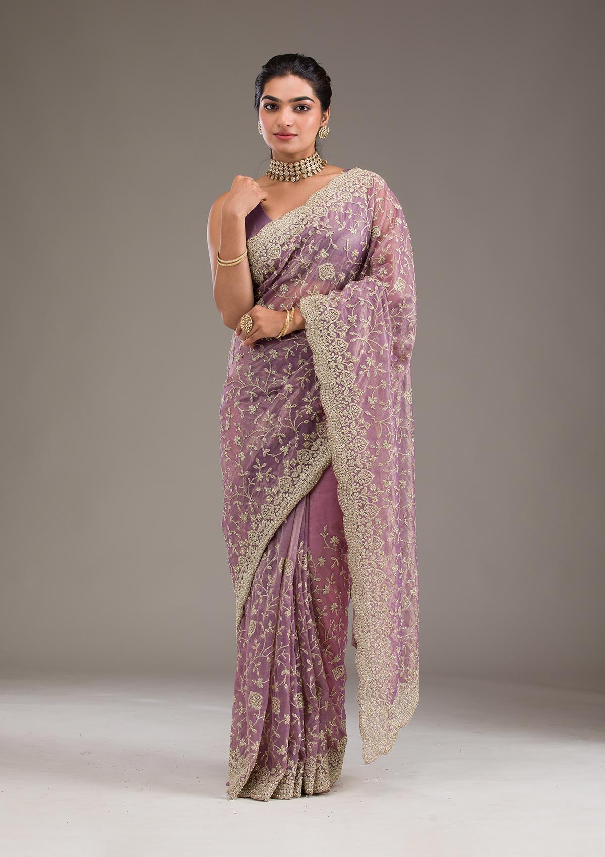 Purple Sequins Tissue Saree-Koskii