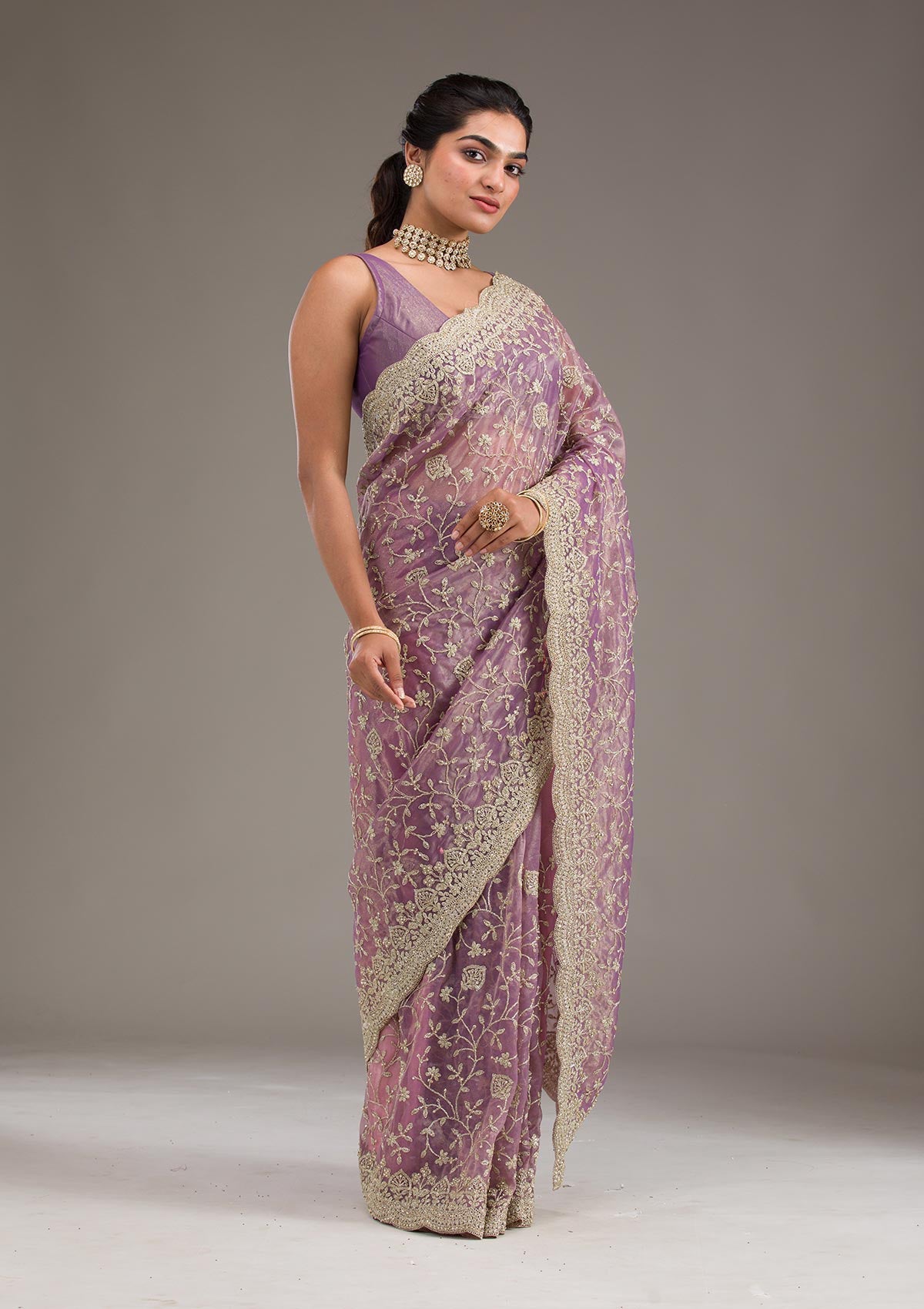 Purple Sequins Tissue Saree-Koskii