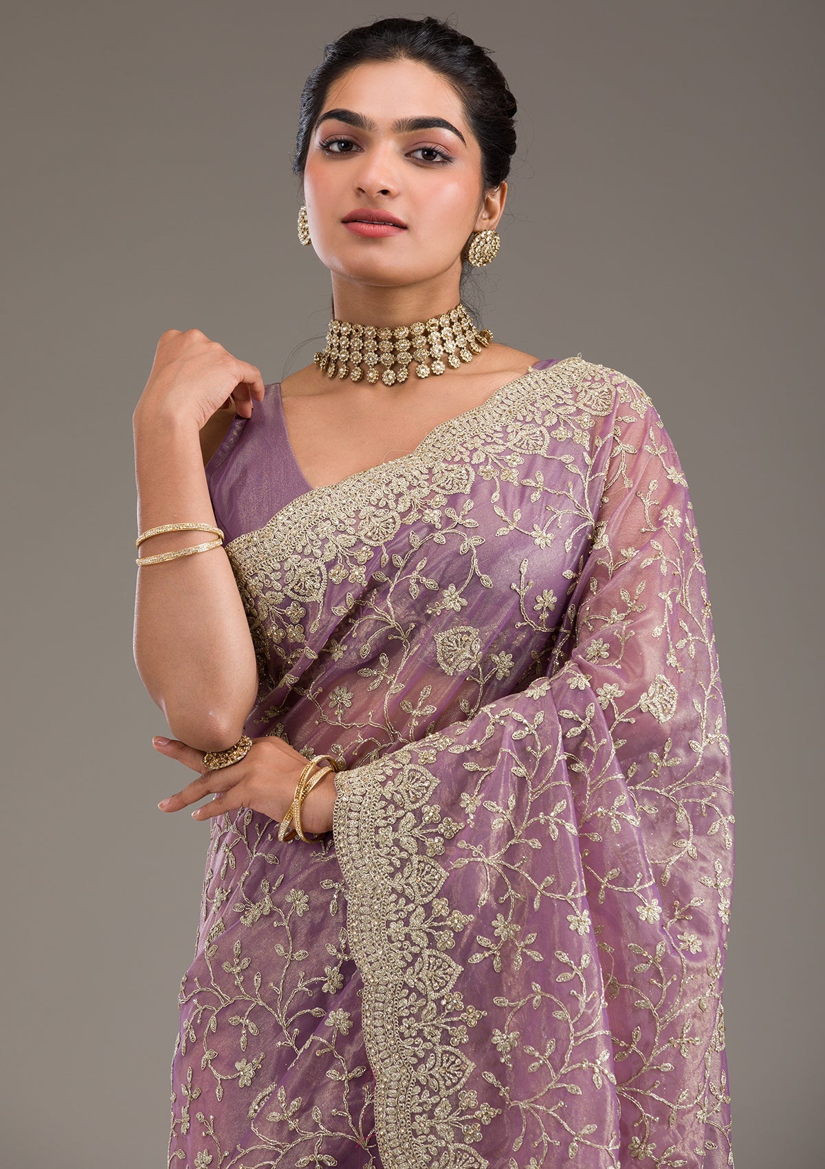 Purple Sequins Tissue Saree-Koskii