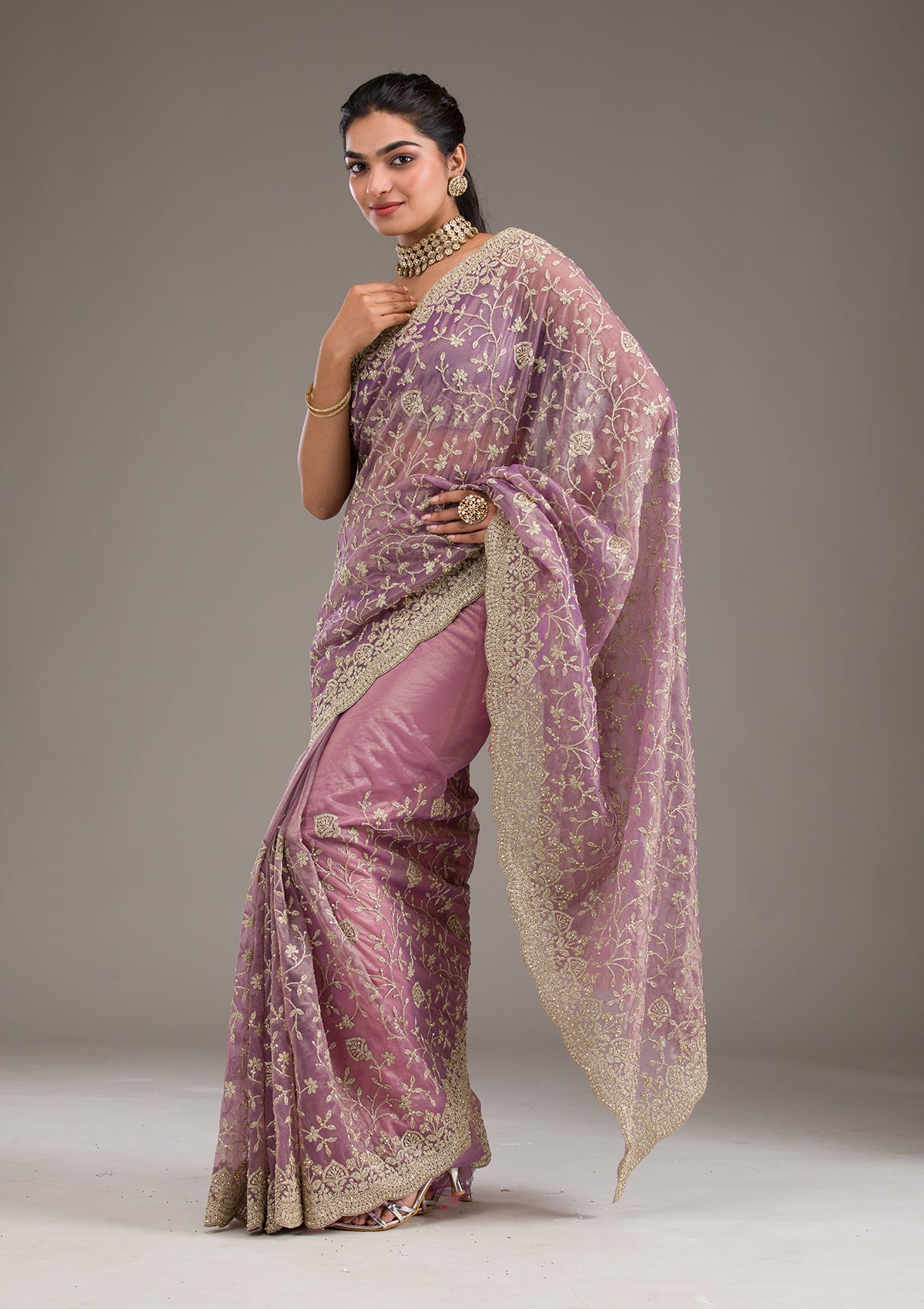 Purple Sequins Tissue Saree-Koskii