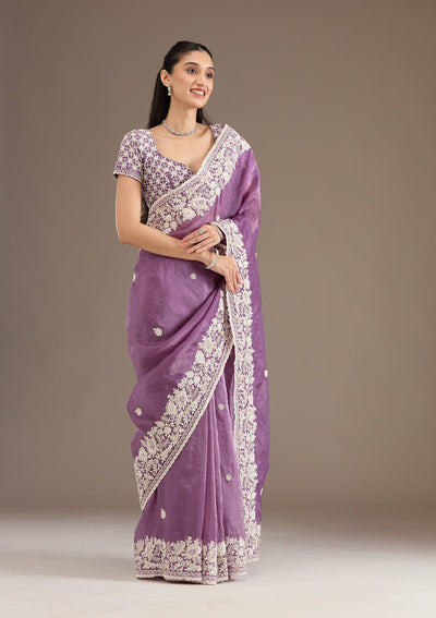 Purple Sequins Tissue Saree-Koskii