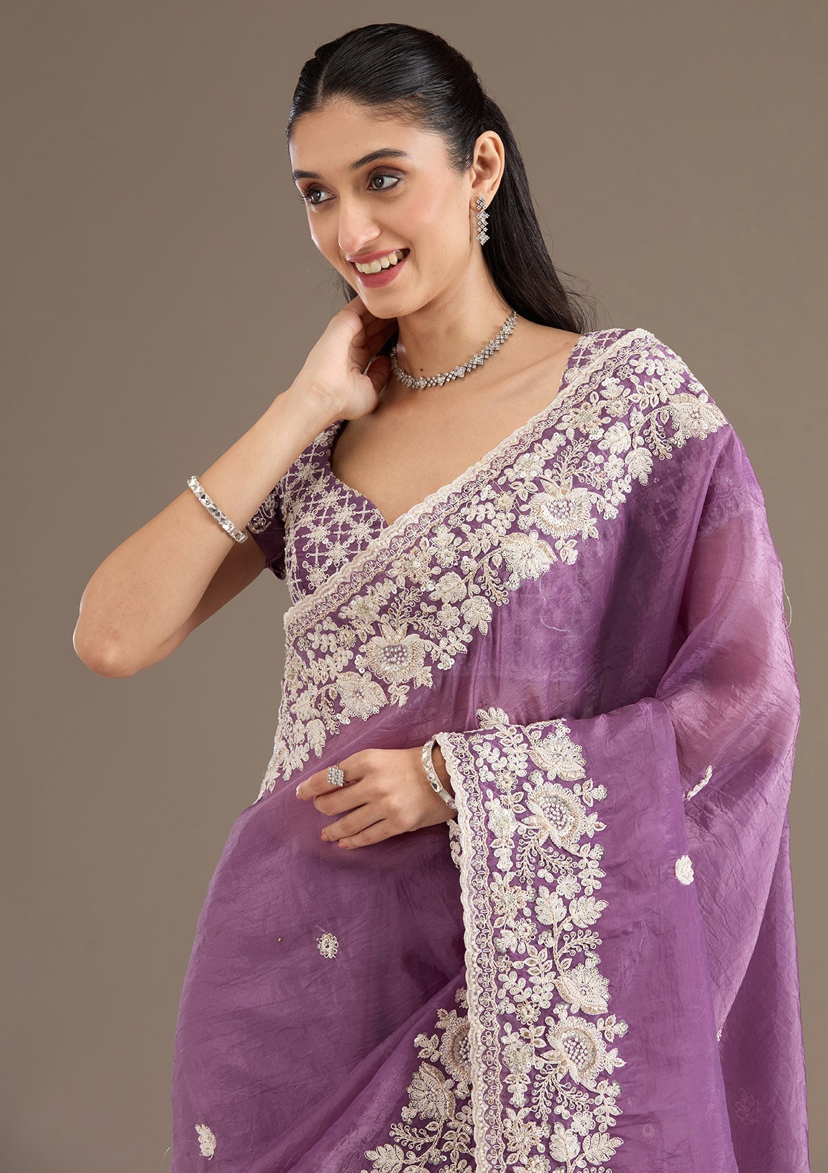 Purple Sequins Tissue Saree-Koskii