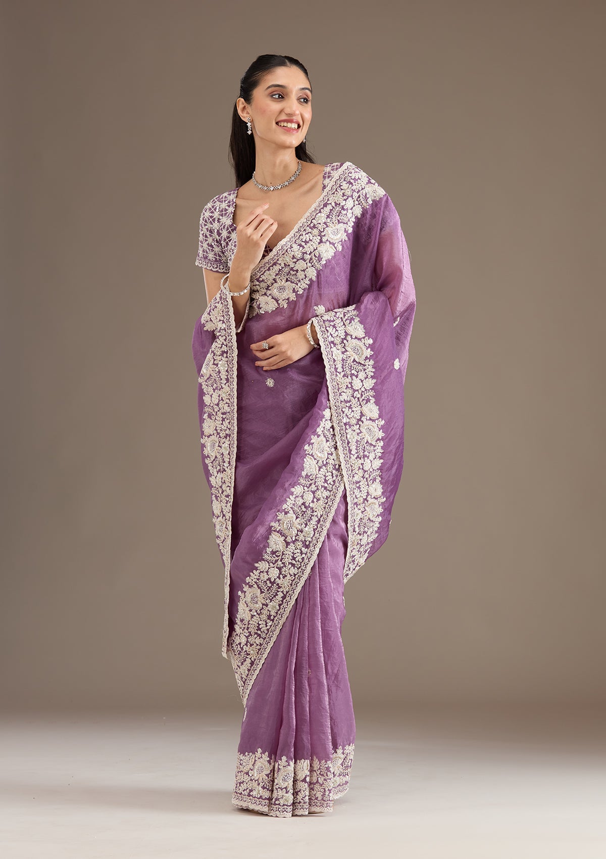 Purple Sequins Tissue Saree-Koskii