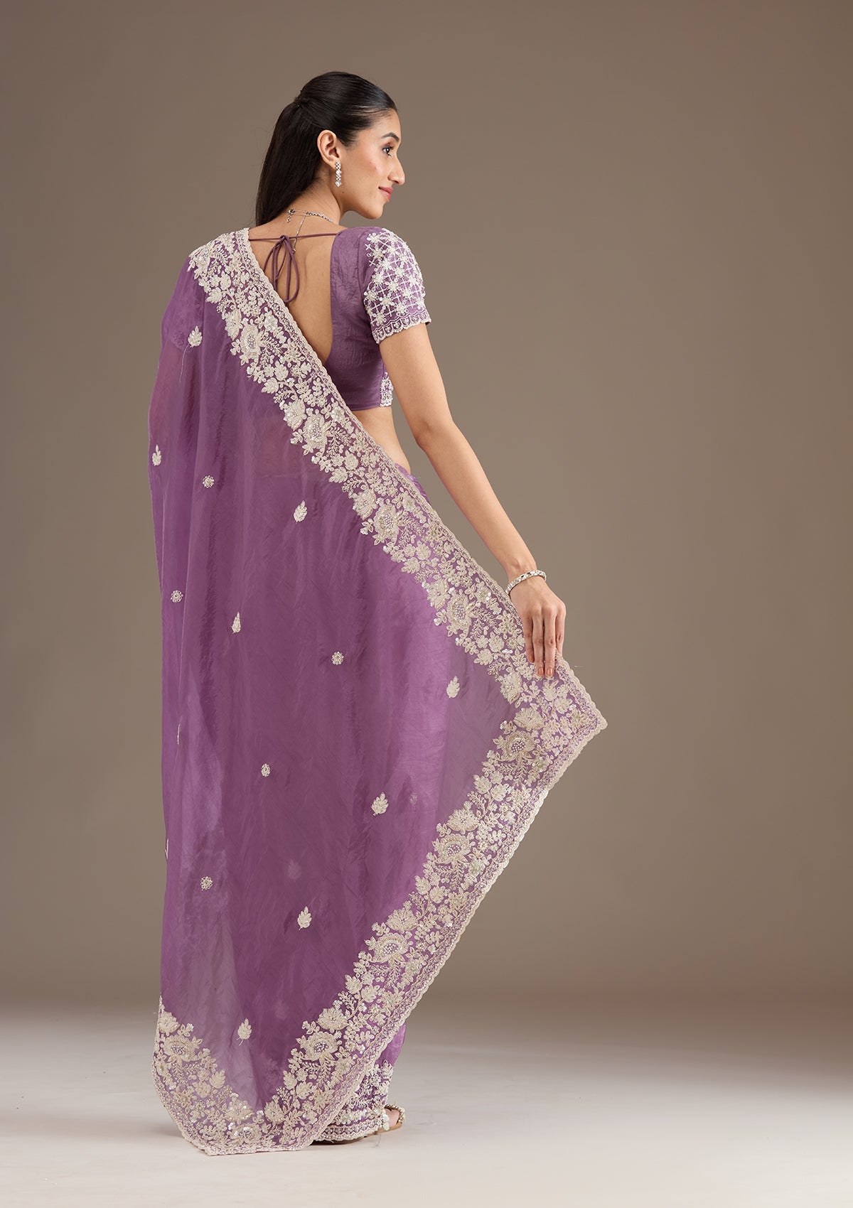 Purple Sequins Tissue Saree-Koskii