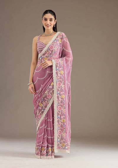 Purple Sequins Tissue Saree-Koskii