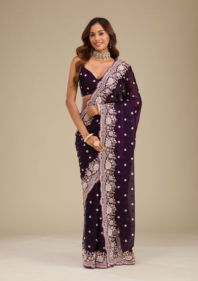 Purple Sequins Semi Crepe Saree-Koskii