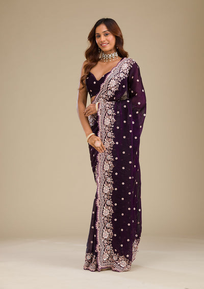 Purple Sequins Semi Crepe Saree-Koskii