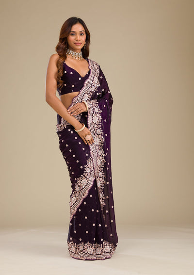 Purple Sequins Semi Crepe Saree-Koskii