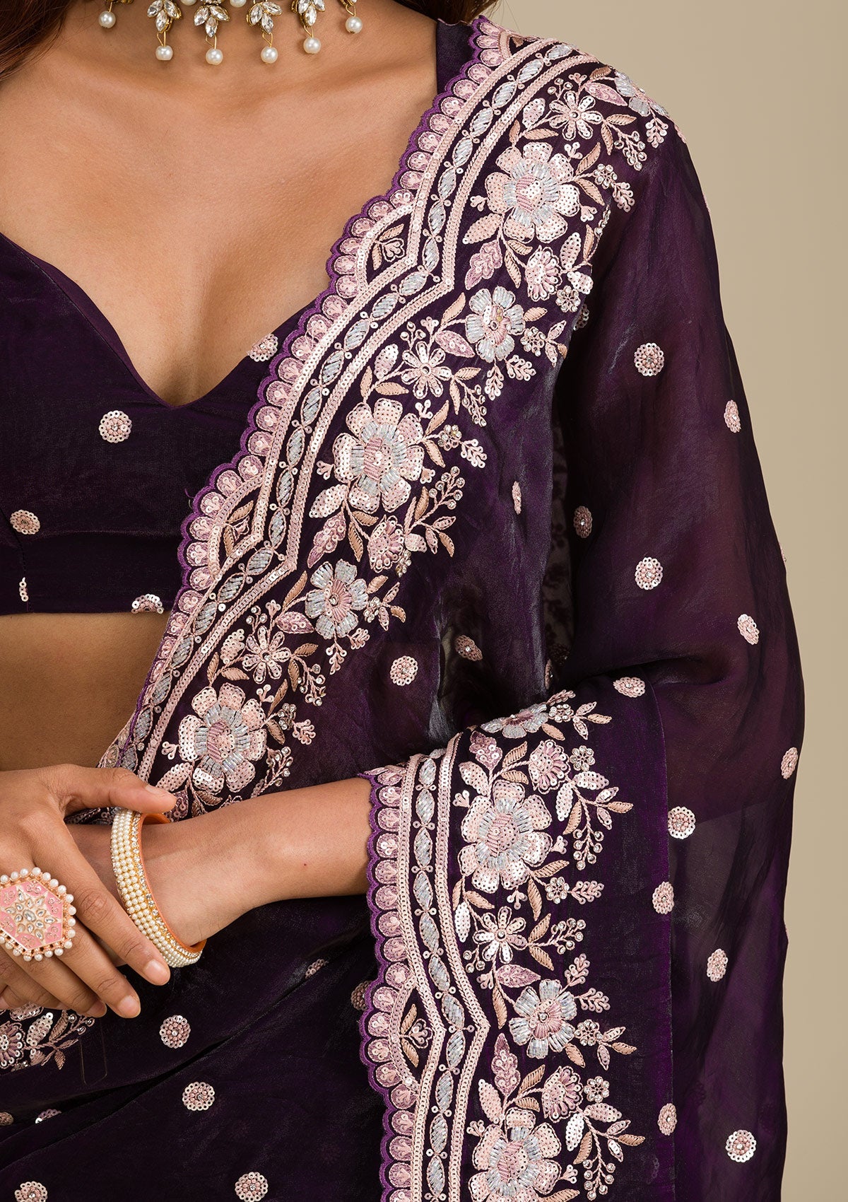 Purple Sequins Semi Crepe Saree-Koskii