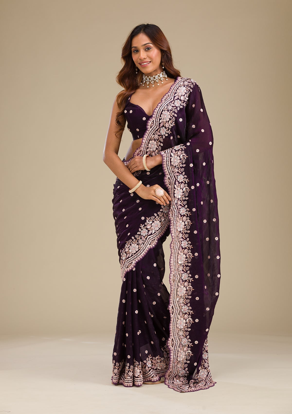 Purple Sequins Semi Crepe Saree-Koskii