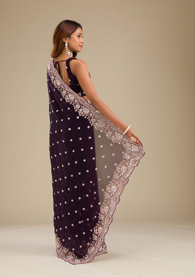 Purple Sequins Semi Crepe Saree-Koskii