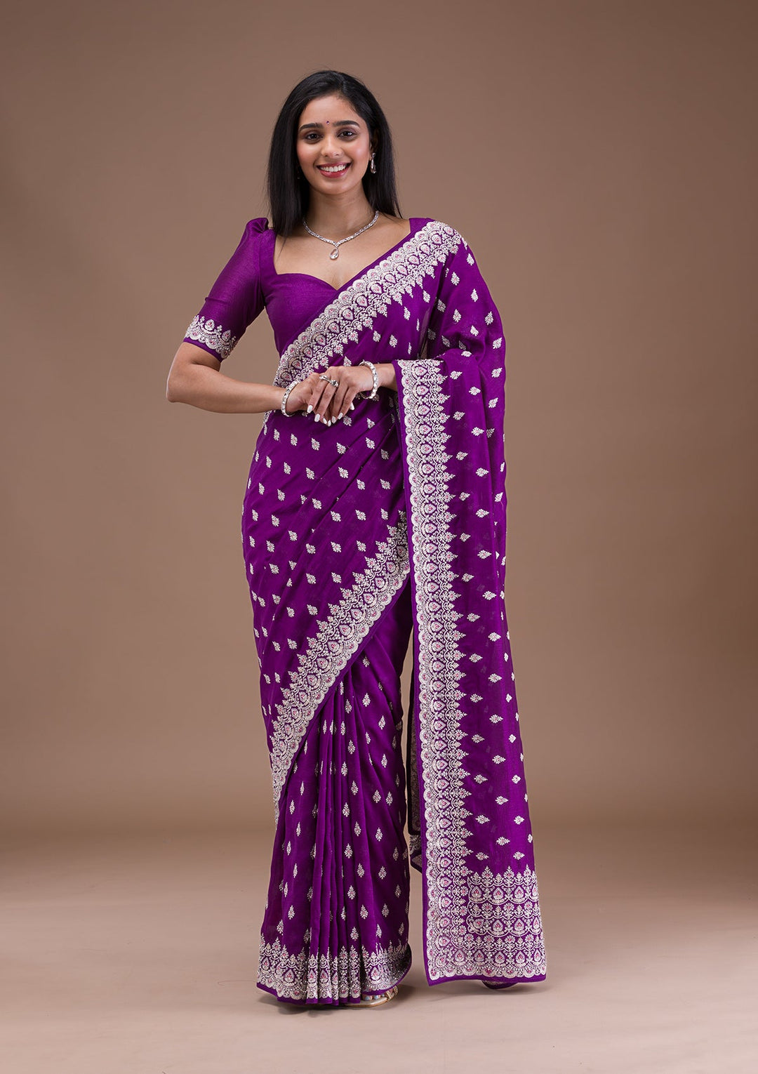Purple Silver Zariwork Raw Silk Saree-Koskii