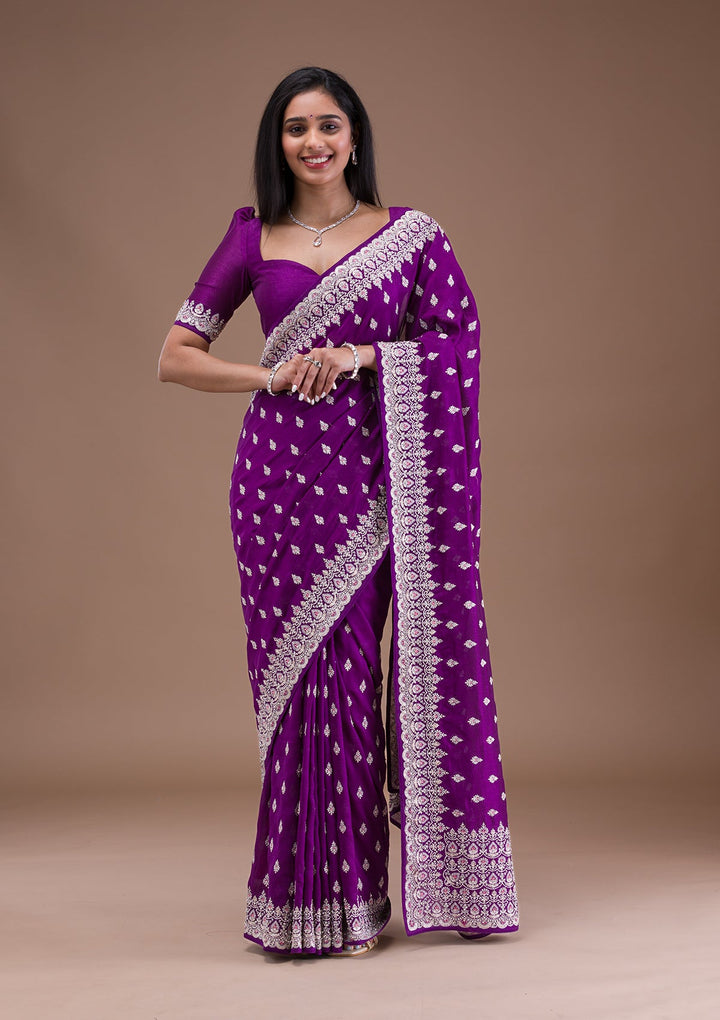 Purple Silver Zariwork Raw Silk Saree-Koskii