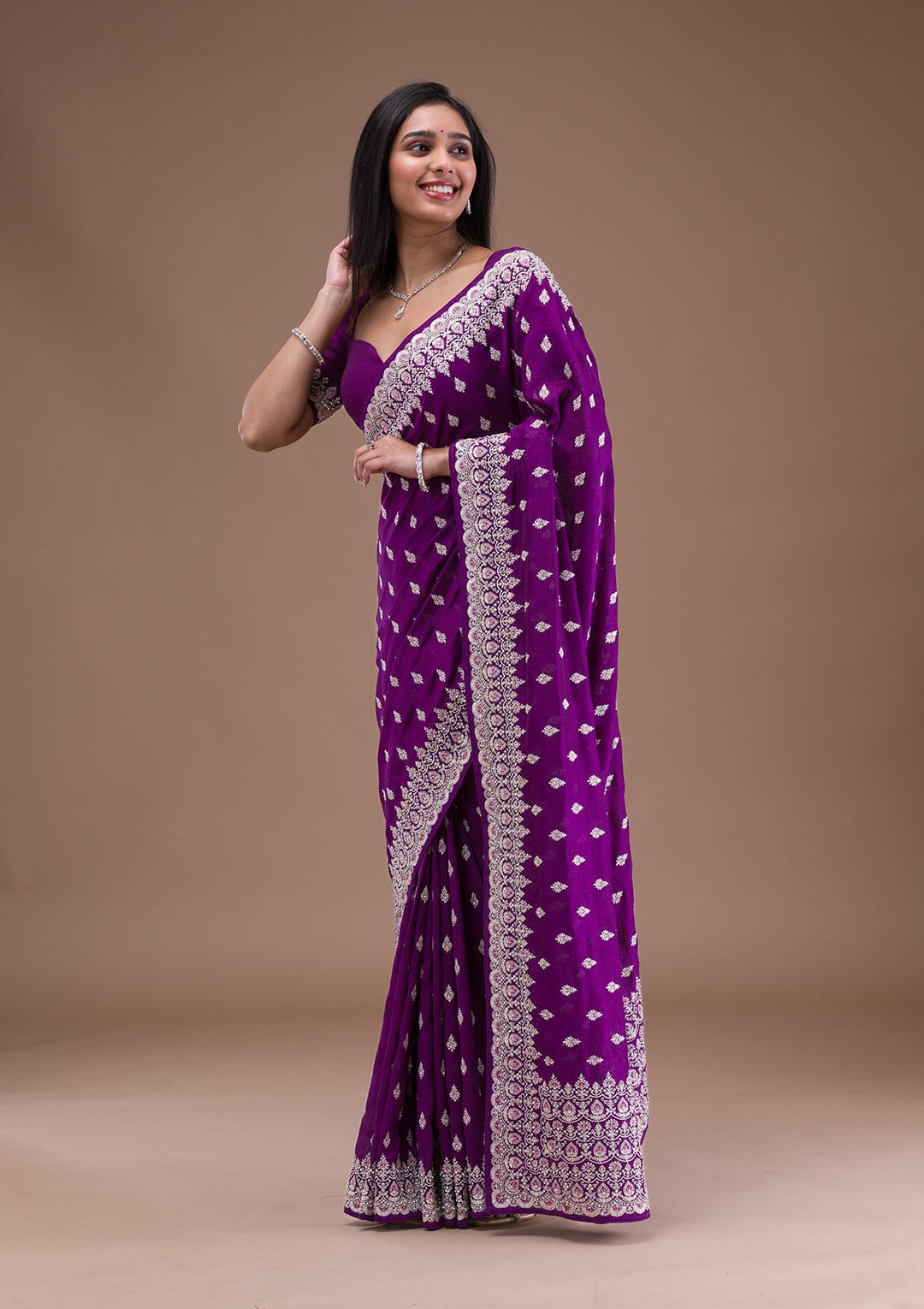 Purple Silver Zariwork Raw Silk Saree-Koskii