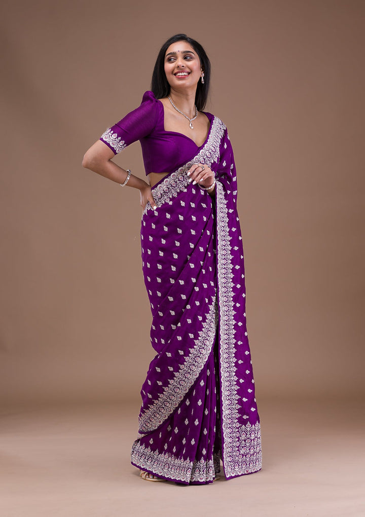 Purple Silver Zariwork Raw Silk Saree-Koskii