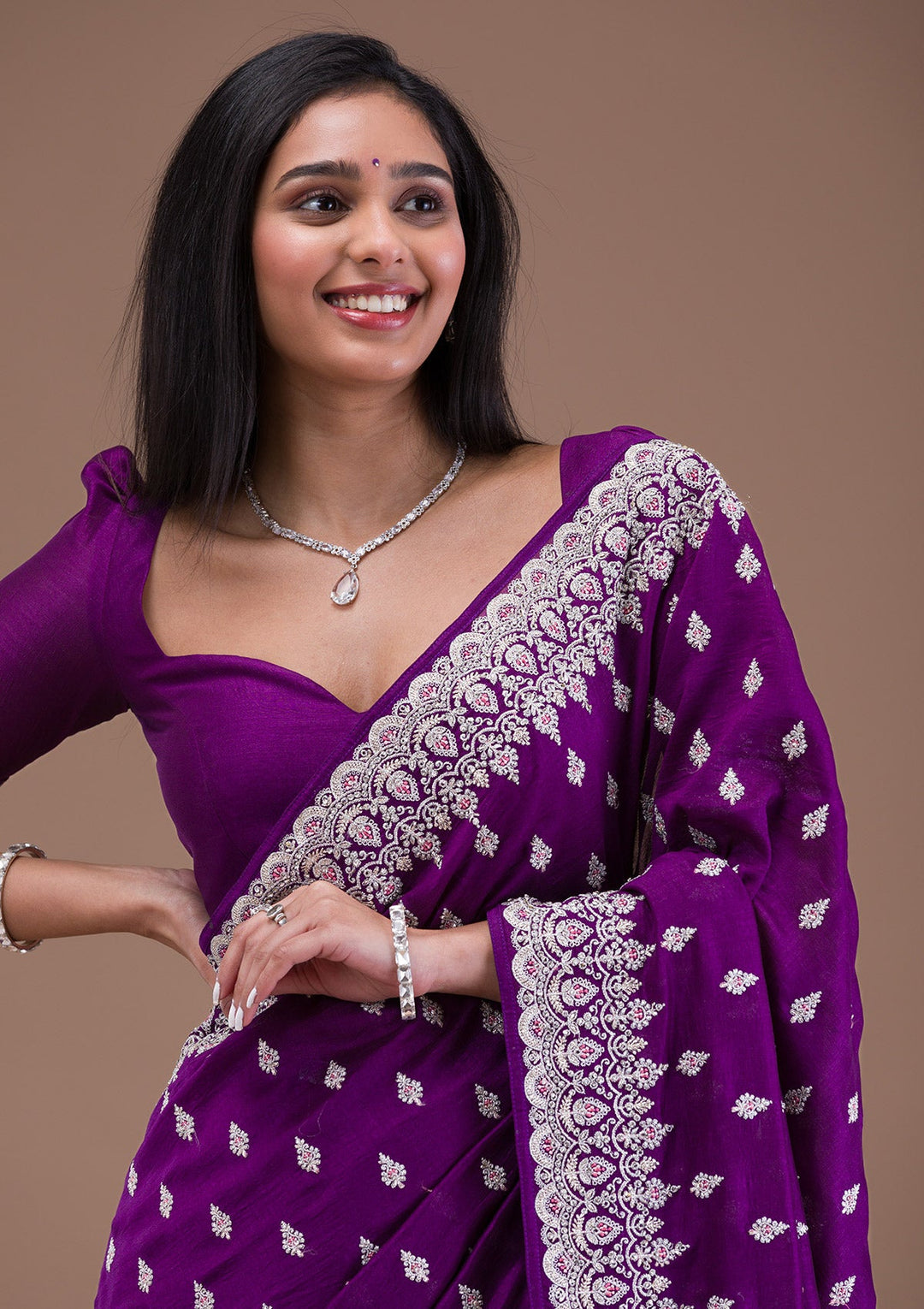 Purple Silver Zariwork Raw Silk Saree-Koskii