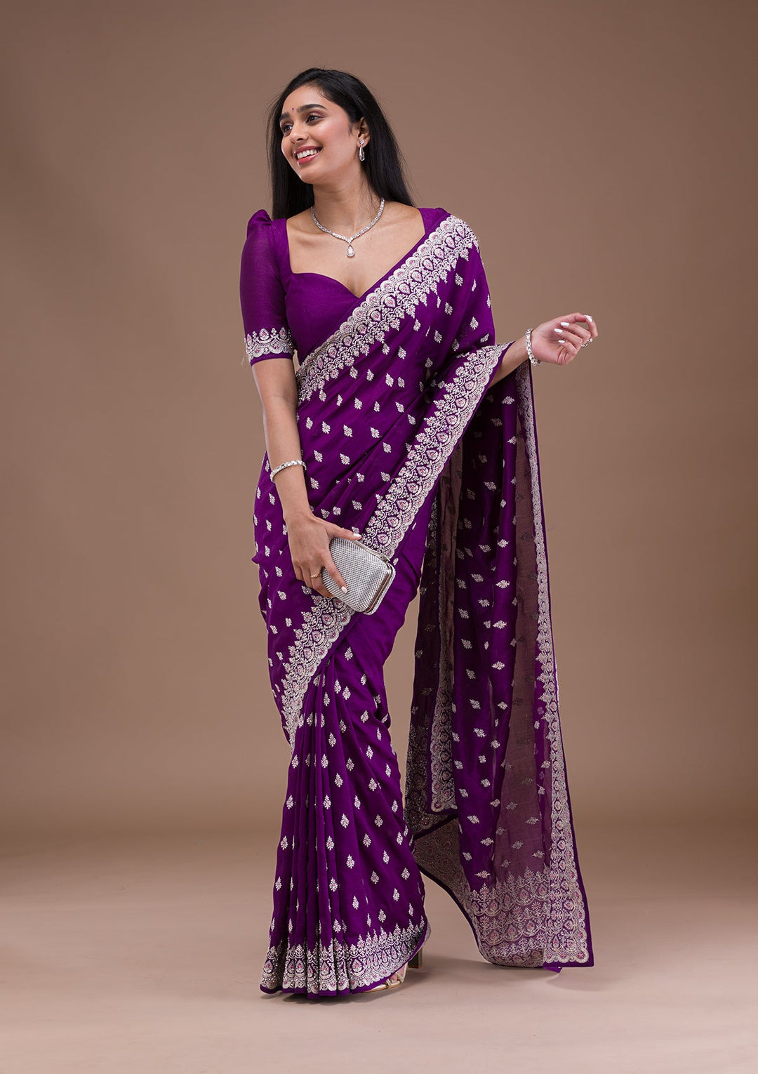 Purple Silver Zariwork Raw Silk Saree-Koskii