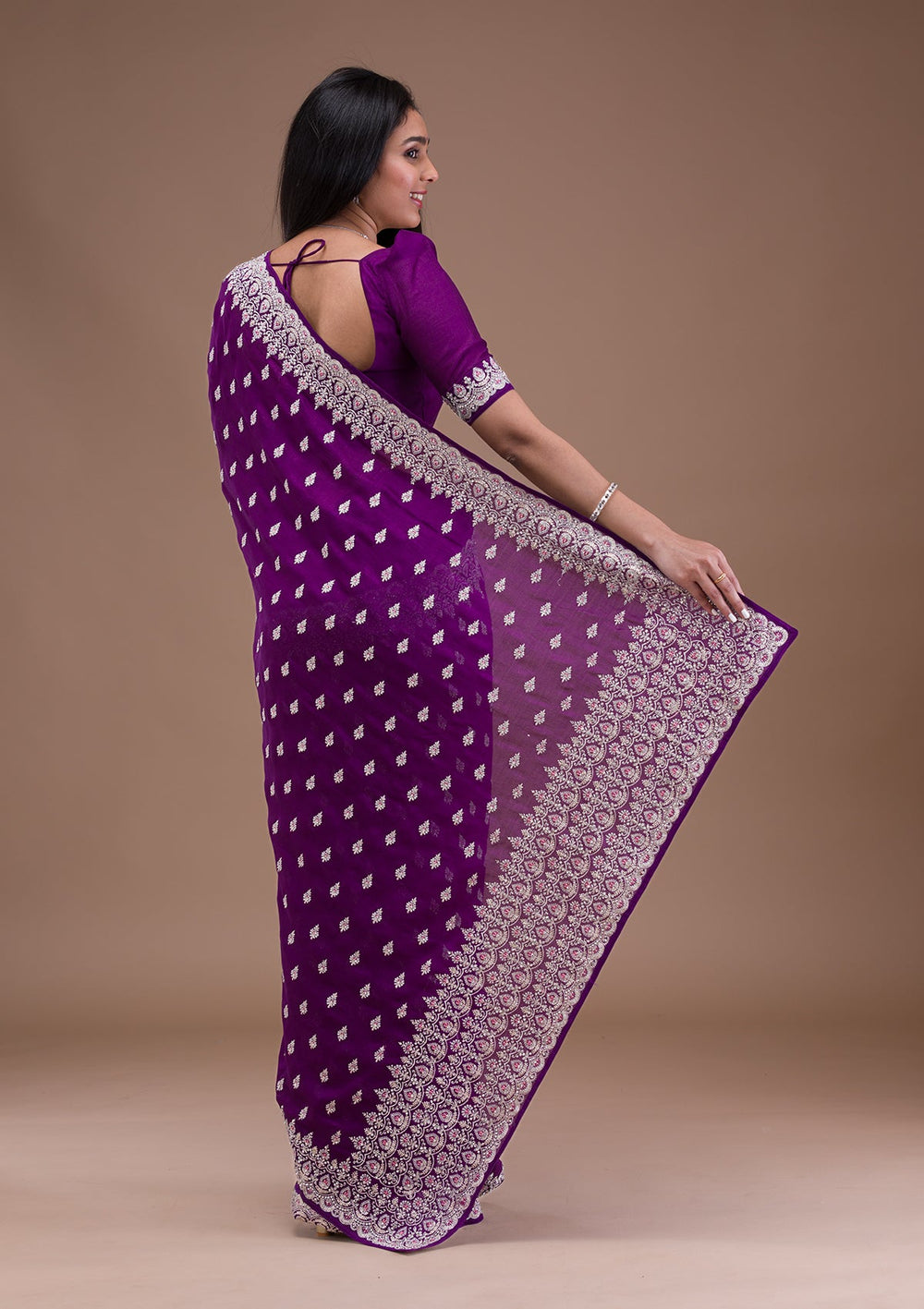 Purple Silver Zariwork Raw Silk Saree-Koskii