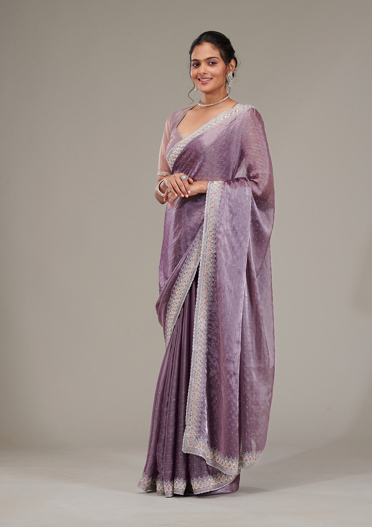 Purple Stonework Chiffon Saree-Koskii