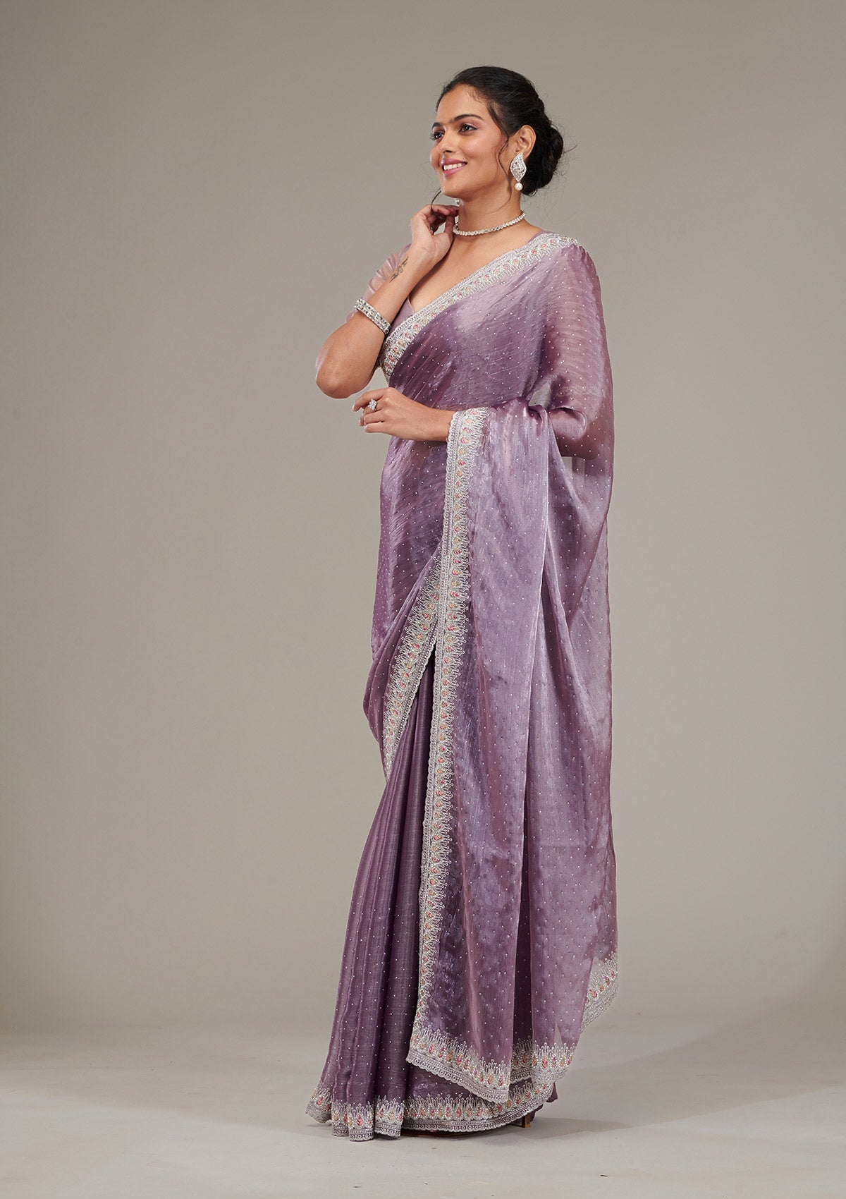 Purple Stonework Chiffon Saree-Koskii