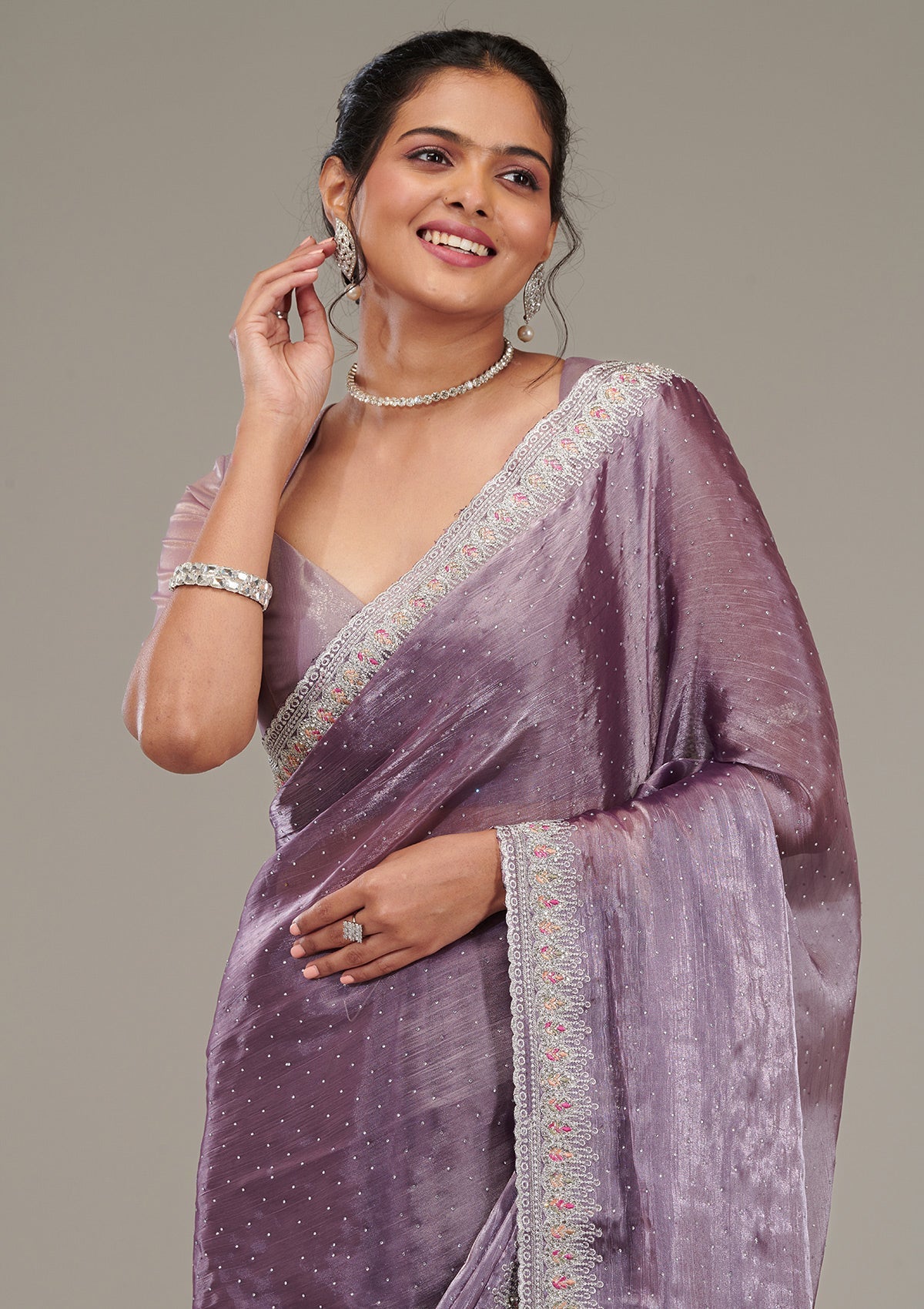 Purple Stonework Chiffon Saree-Koskii