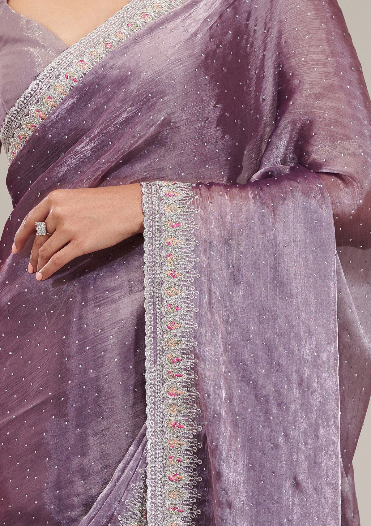 Purple Stonework Chiffon Saree-Koskii