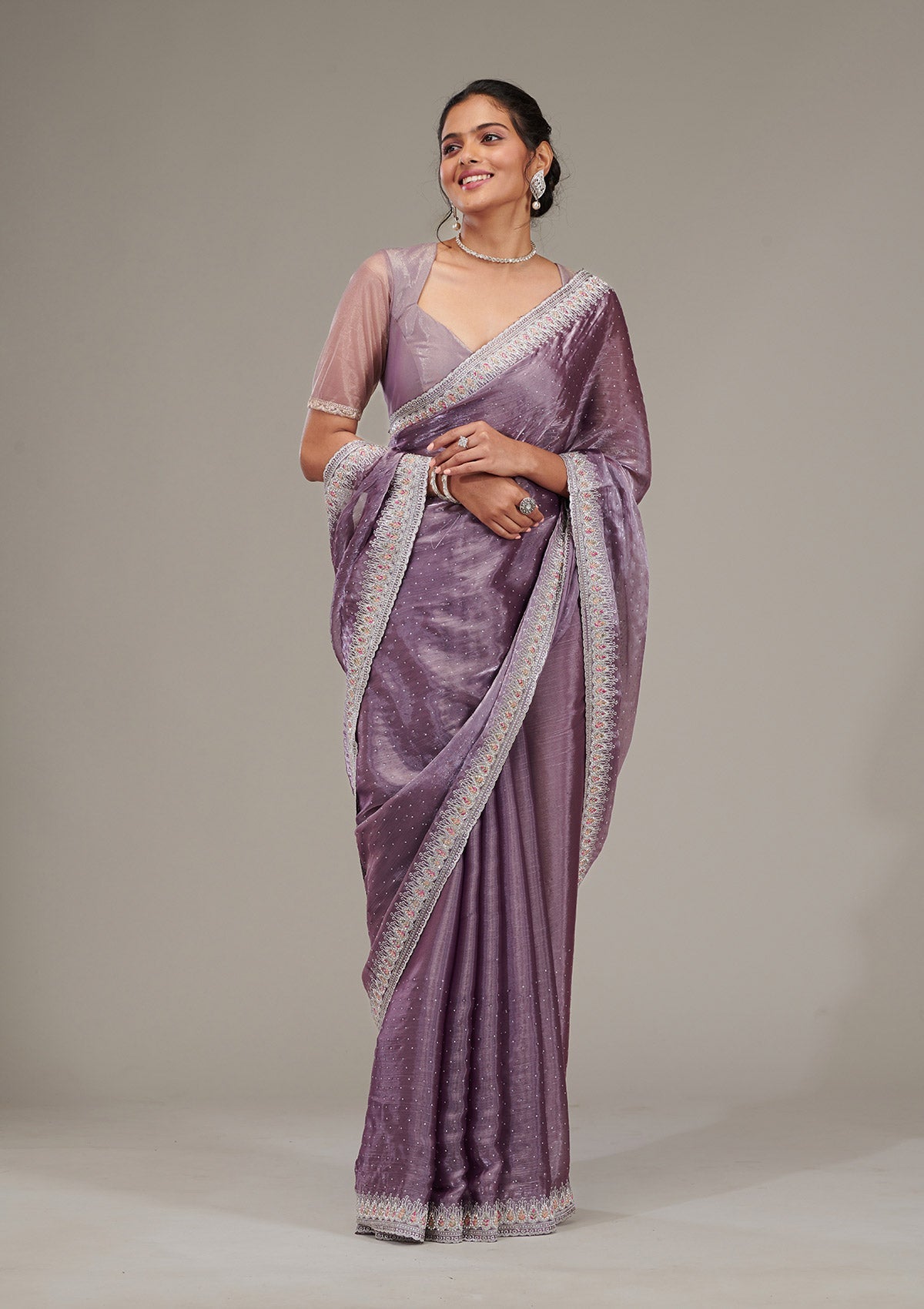 Purple Stonework Chiffon Saree-Koskii