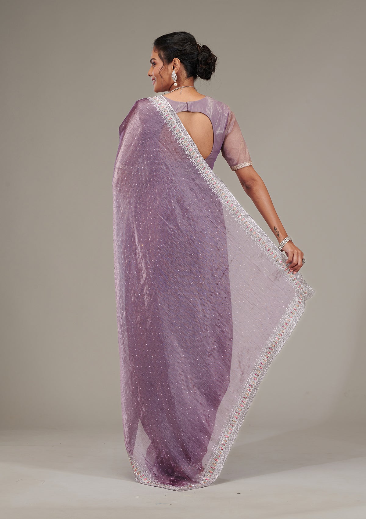 Purple Stonework Chiffon Saree-Koskii