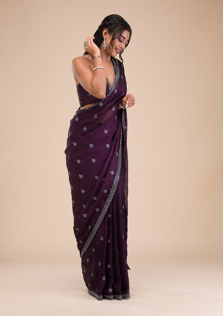 Purple Stonework Georgette Saree-Koskii