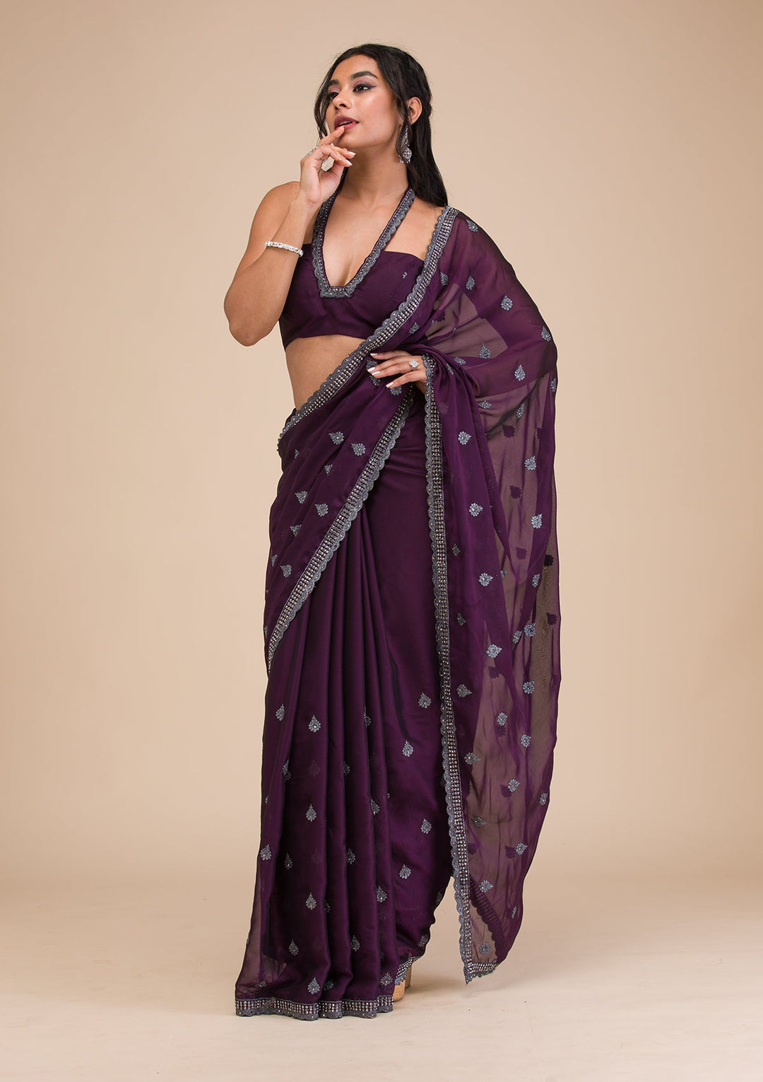 Purple Stonework Georgette Saree-Koskii