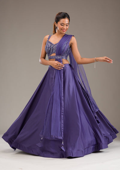 Purple Stonework Semi Crepe Readymade Lehenga-Koskii