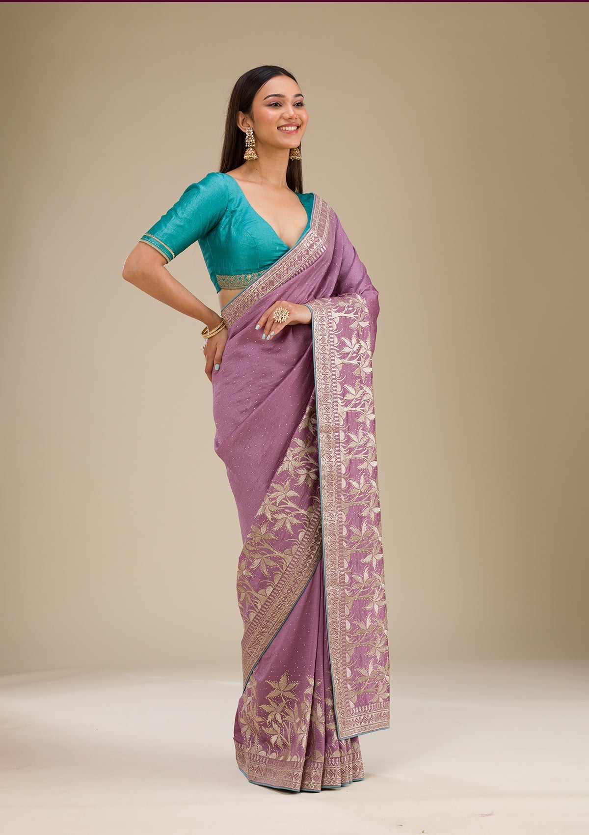 Purple Stonework Soft Silk Saree-Koskii