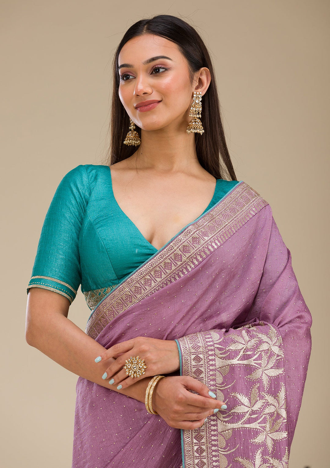 Purple Stonework Soft Silk Saree-Koskii