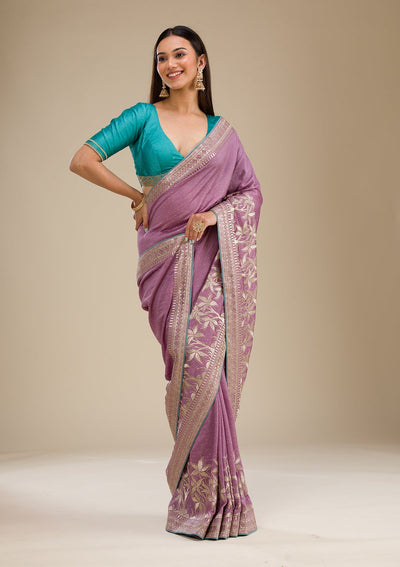 Purple Stonework Soft Silk Saree-Koskii