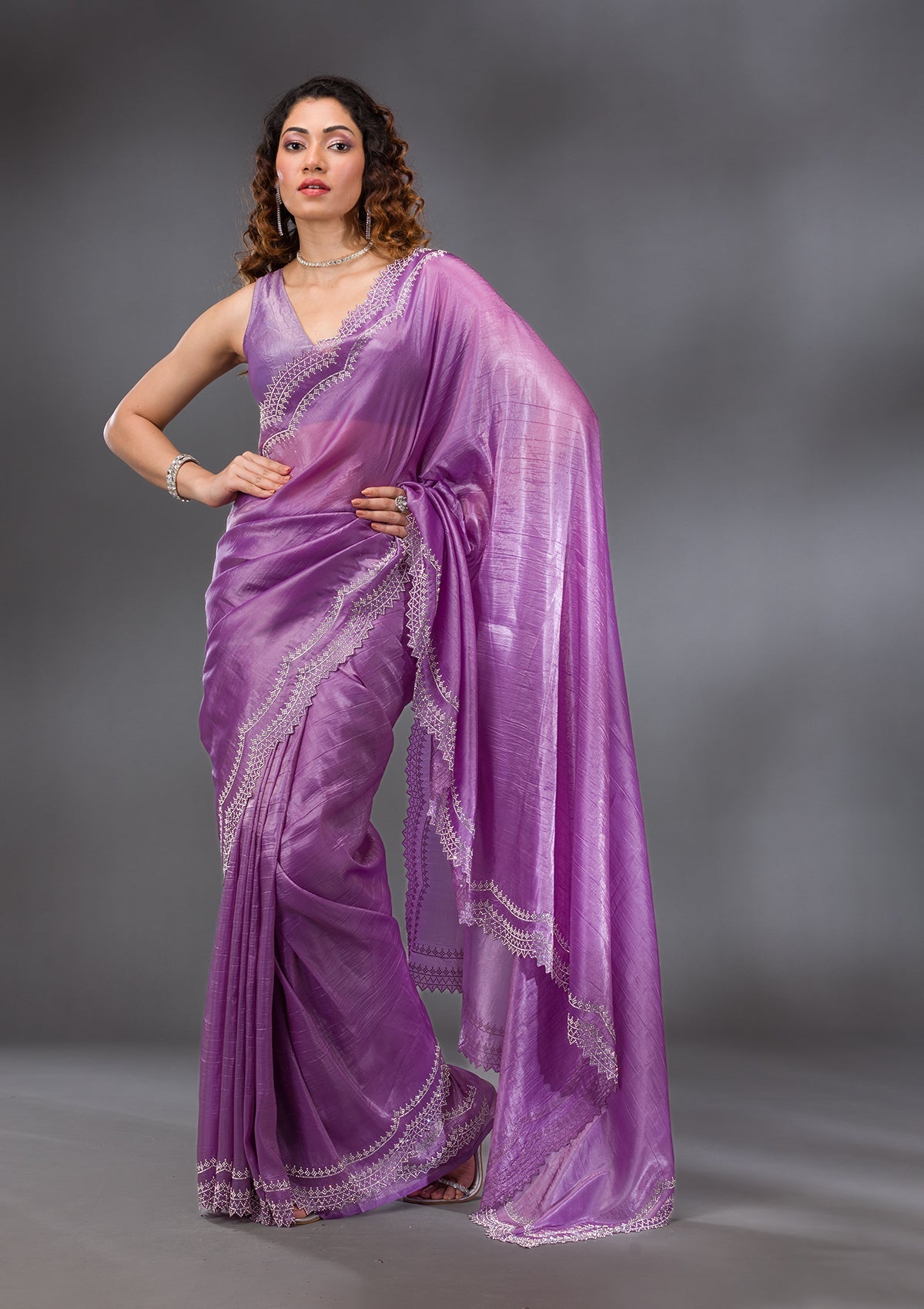 Purple Stonework Tissue Saree-Koskii