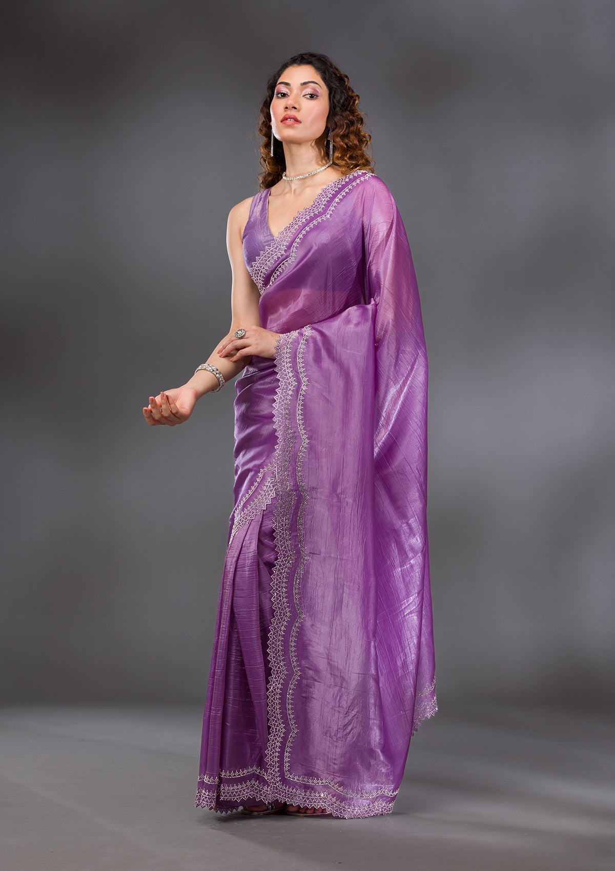 Purple Stonework Tissue Saree-Koskii