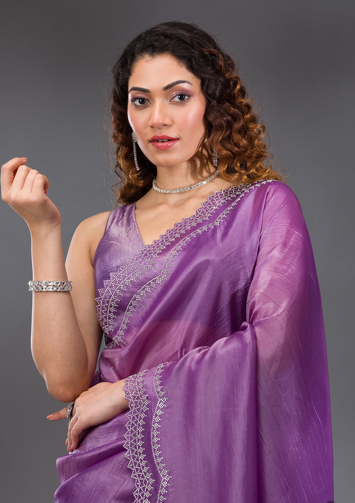 Purple Stonework Tissue Saree-Koskii