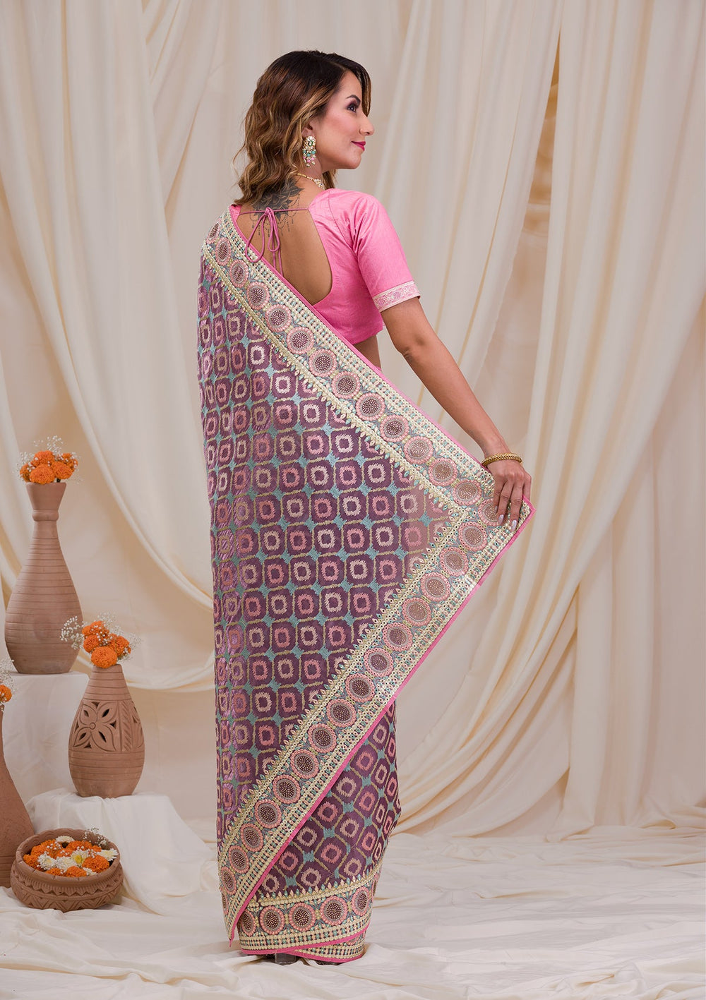 Purple Swarovski Chiffon Saree-Koskii