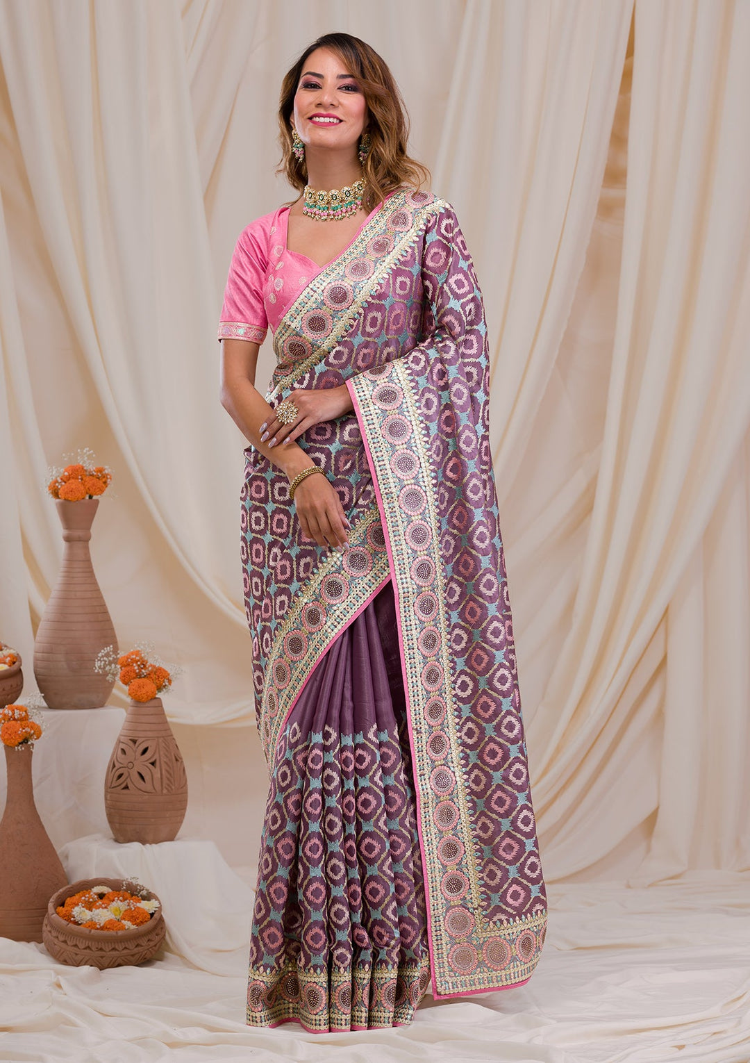 Purple Swarovski Chiffon Saree-Koskii