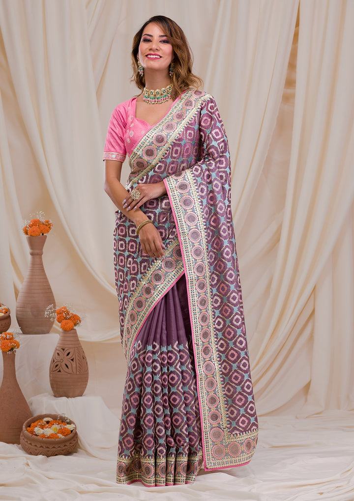 Purple Swarovski Chiffon Saree-Koskii