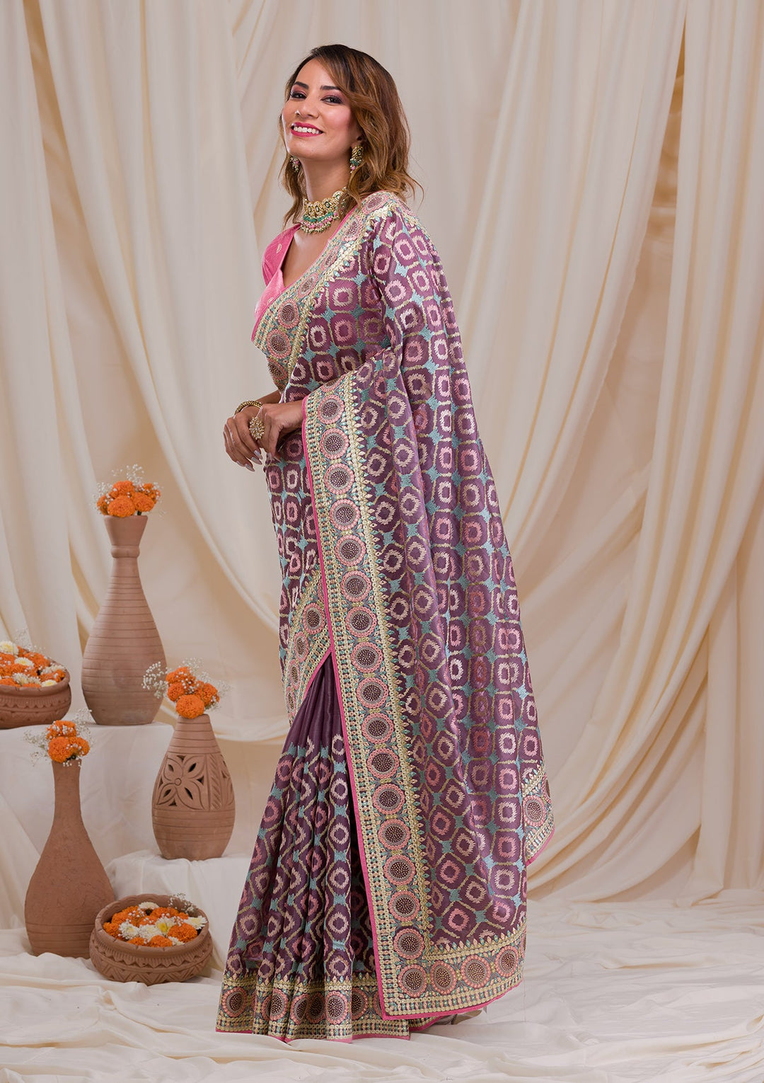 Purple Swarovski Chiffon Saree-Koskii