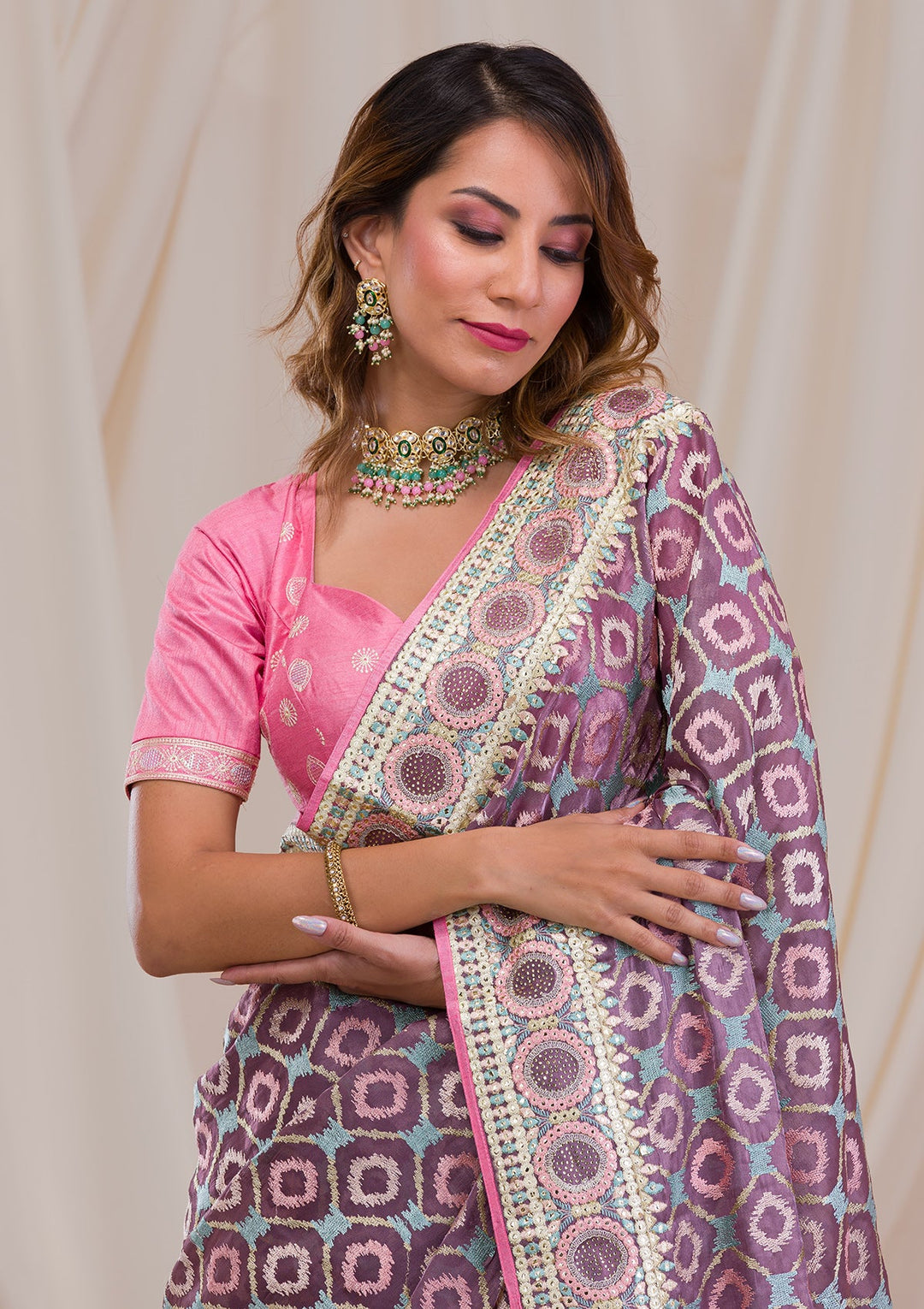 Purple Swarovski Chiffon Saree-Koskii