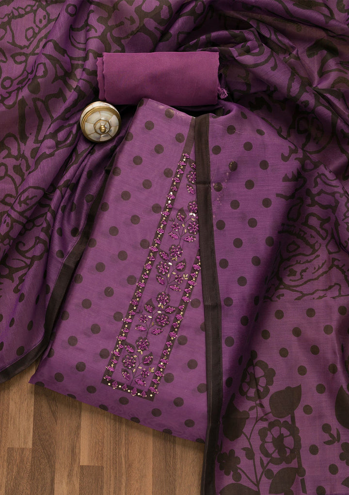 Purple Threadwork Chanderi Unstitched Salwar Suit-Koskii