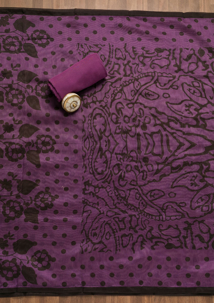 Purple Threadwork Chanderi Unstitched Salwar Suit-Koskii