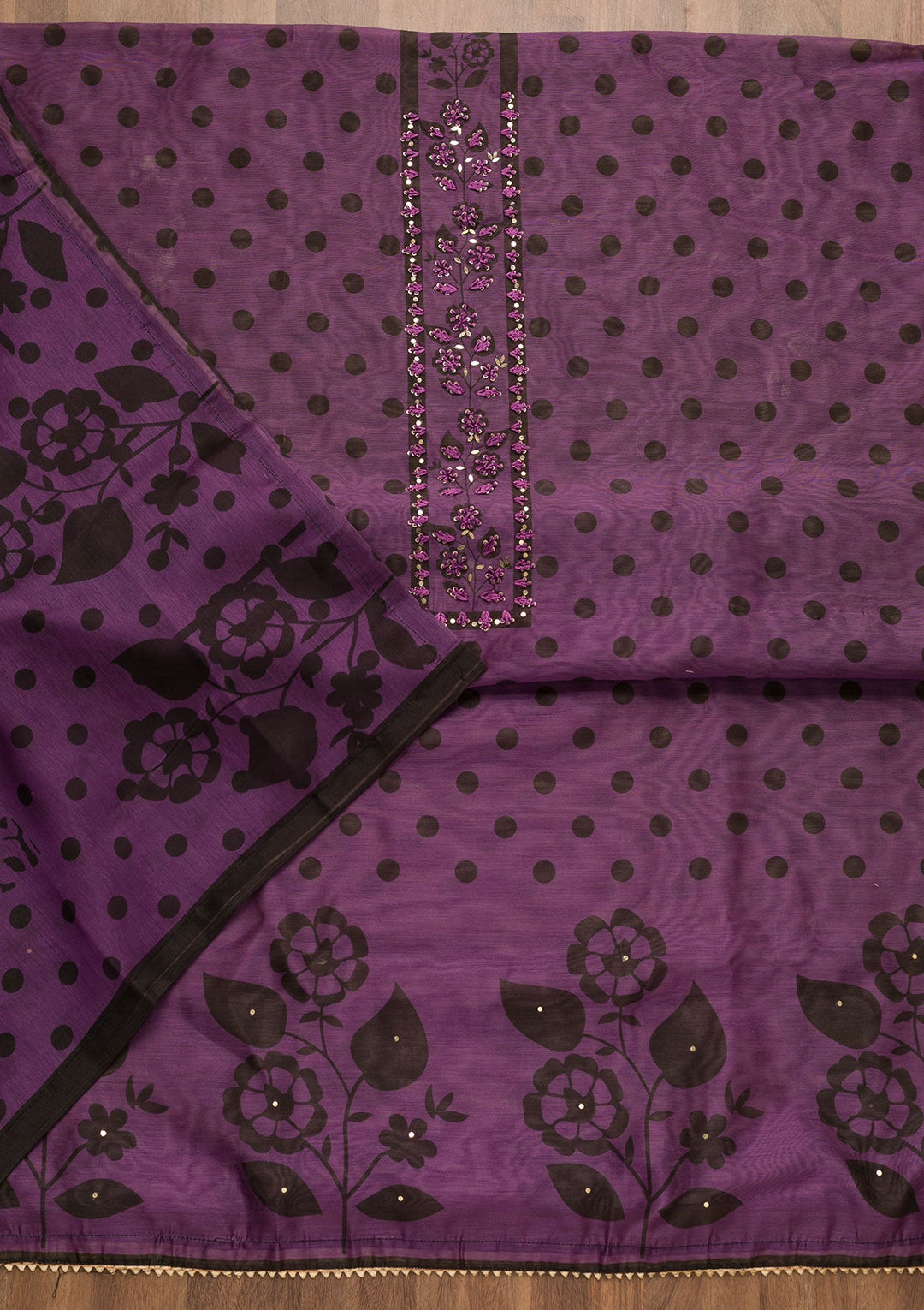 Purple Threadwork Chanderi Unstitched Salwar Suit-Koskii