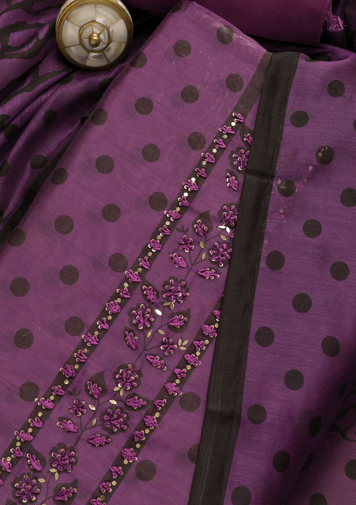 Purple Threadwork Chanderi Unstitched Salwar Suit-Koskii