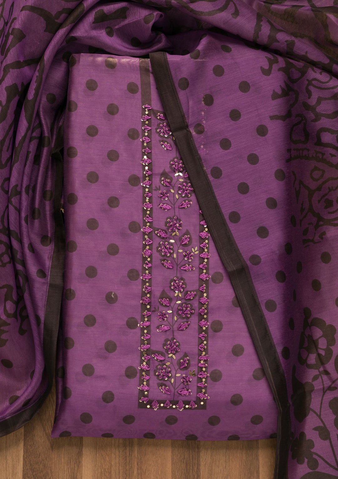 Purple Threadwork Chanderi Unstitched Salwar Suit-Koskii
