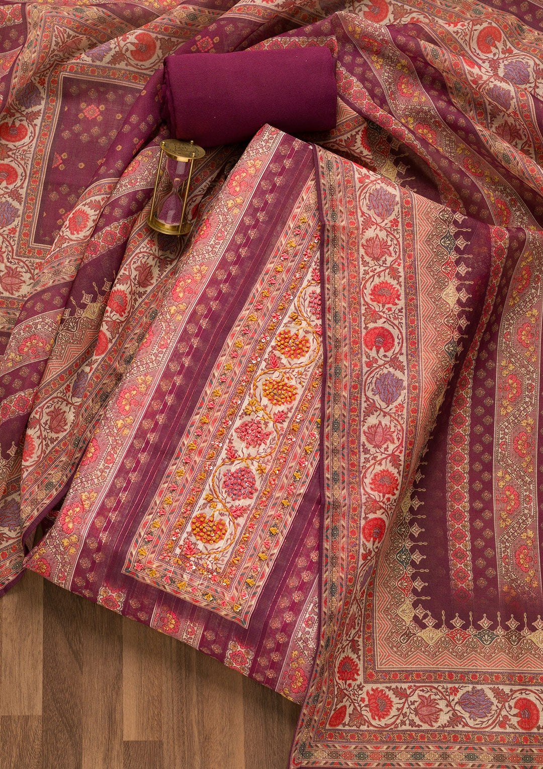 Purple Threadwork Chanderi Unstitched Salwar Suit-Koskii