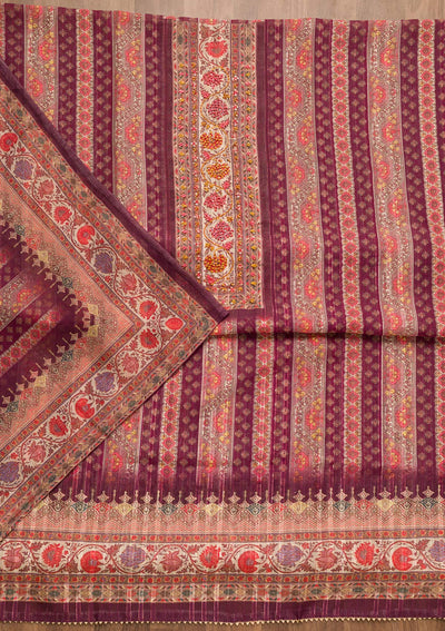 Purple Threadwork Chanderi Unstitched Salwar Suit-Koskii